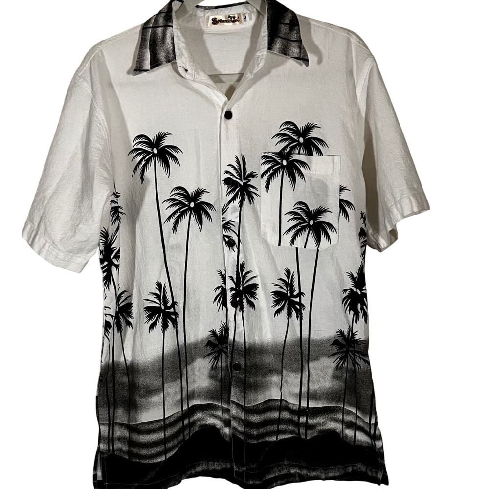 Shoreline Men's Large White Black Palm‎ Tree Tropical Cotton Button Down Shirt